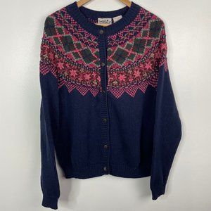 Northern Reflections  Knit Button Down Cardigan Sweater  Floral Navy Pink Size L